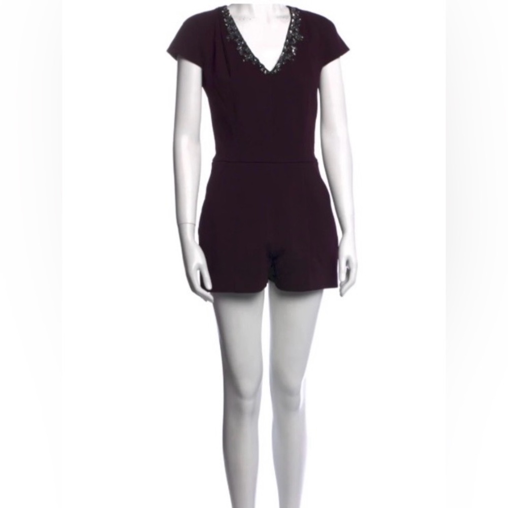 TED BAKER Crystal Embellishments‎ V-Neck Short Romper Eggplant